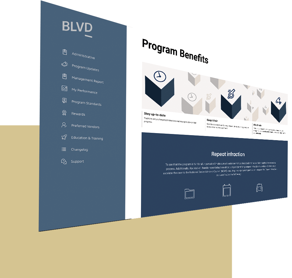 A benefits slide from a BLVD presentation showing program perks and repeat infraction policy.