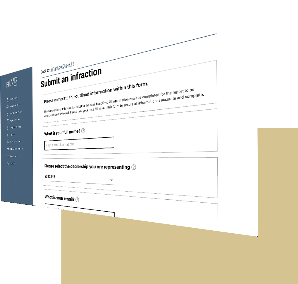 A form interface from BLVD for submitting dealership infractions.