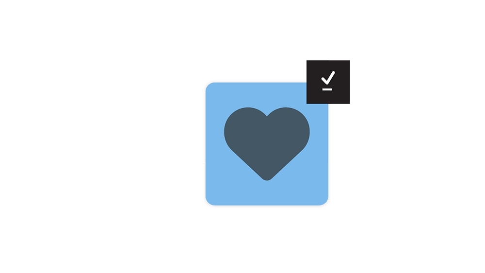 A graphic of a blue card with a heart icon and a check mark indicating a selection or favorite.
