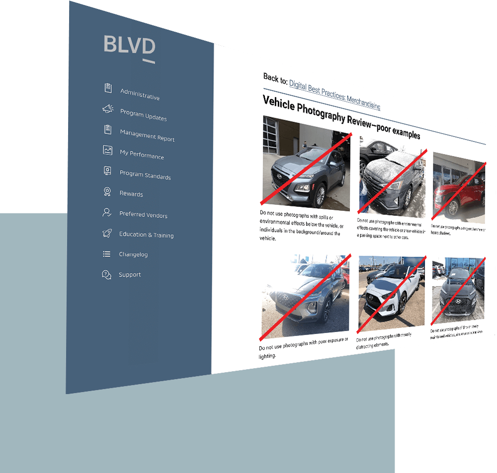 A screenshot showing poor examples of vehicle photography found with the Digital Best Practices section of BLVD's Centre of Excellence.